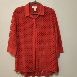 Peck & Peck Blouse Size L Button Front Spring Summer Casual Orange Eyelet Resort